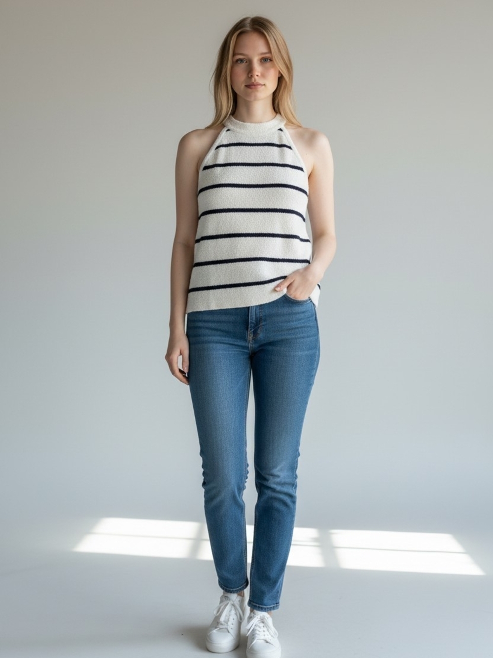 Zenana Outfitters Cream Sweater Tank with Black Stripes